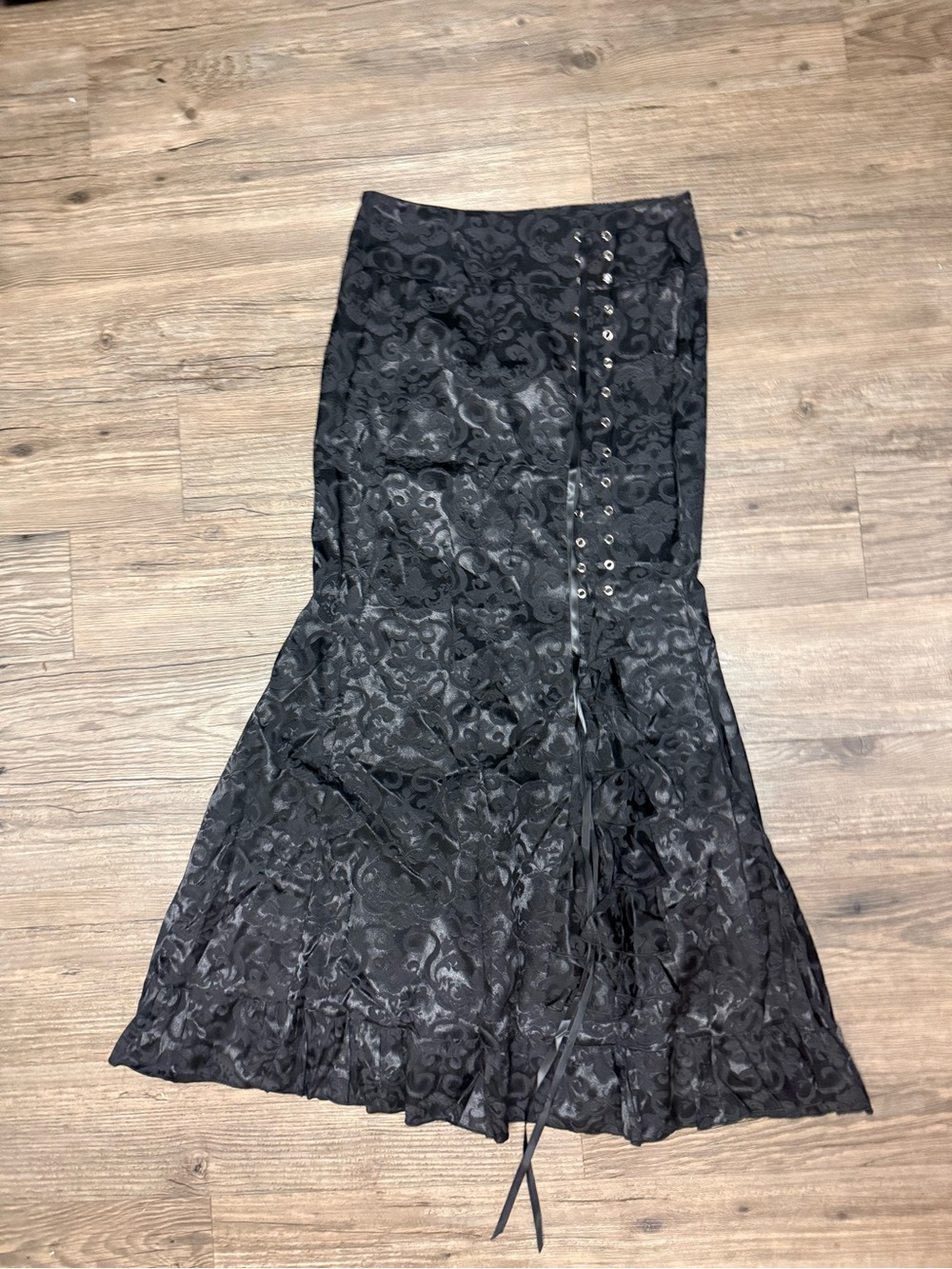 Handmade Black Gothic Lace-Pattern Mermaid Skirt with Eyelet Lace-Up